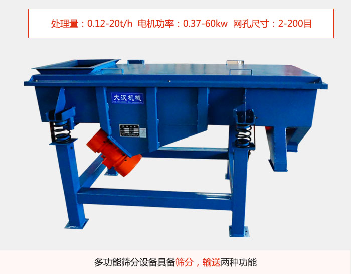 單層直線振動篩特點處理量：0.12-20t/h  電機(jī)功率：0.37-60kw  網(wǎng)孔尺寸：2-200目，多功能篩分設(shè)備具備篩分，輸送兩種功能。
